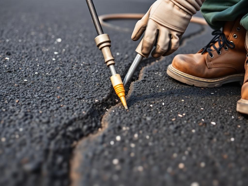 Close-up of hot rubberized crack sealing being applied to asphalt pavement