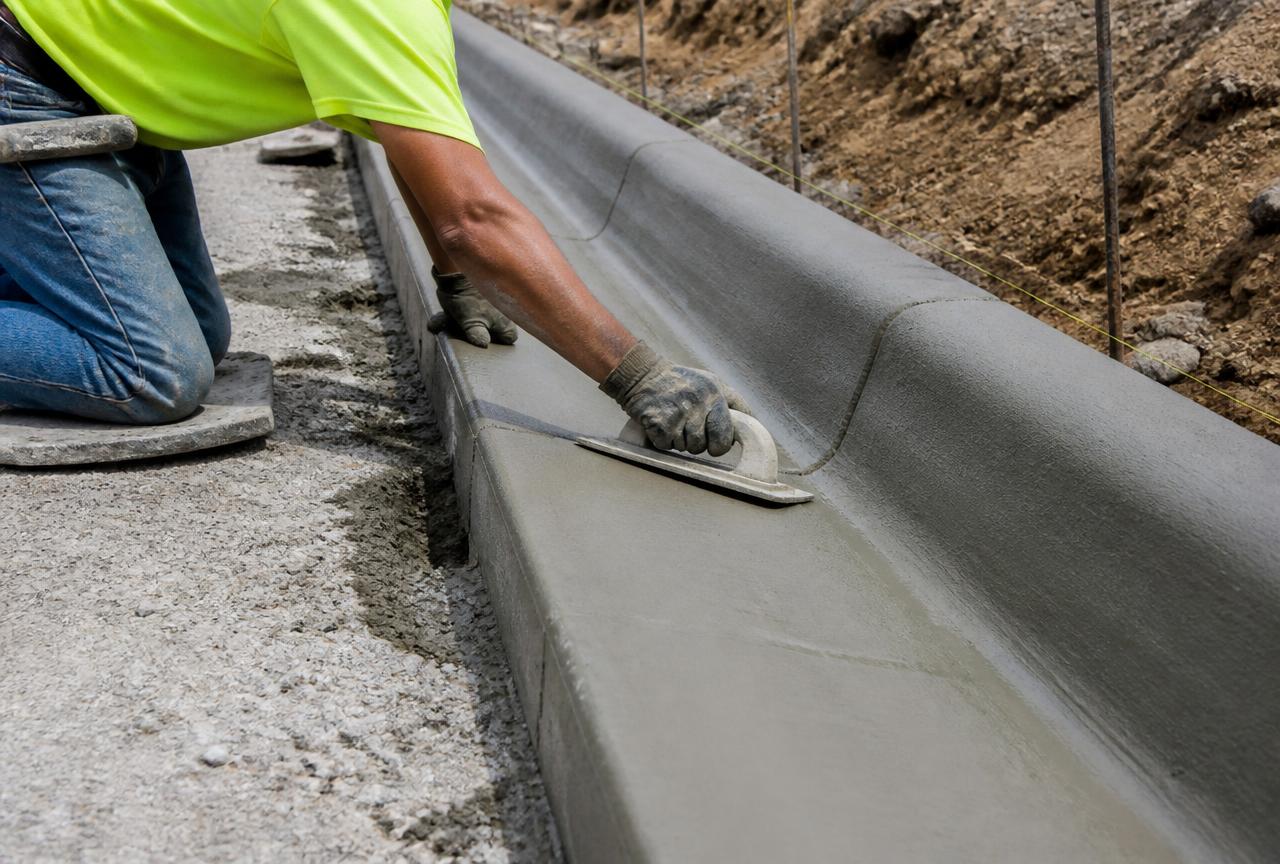 Newly poured concrete curb and gutter along a commercial parking lot