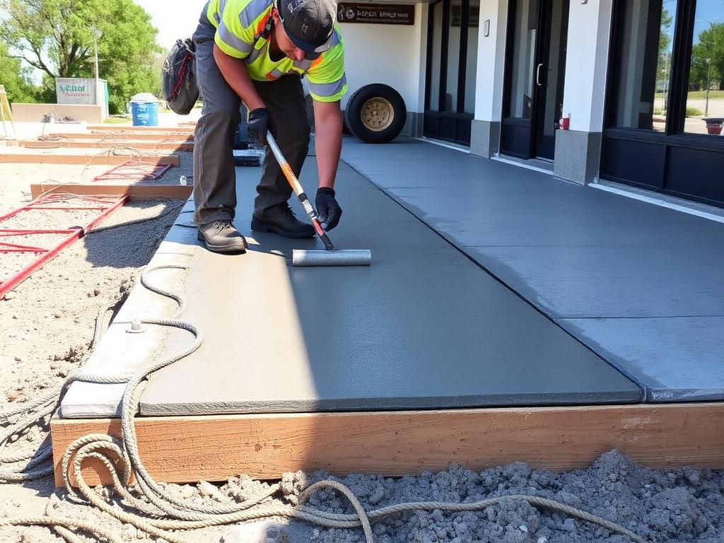 Concrete finisher troweling a fresh sidewalk slab on a commercial site
